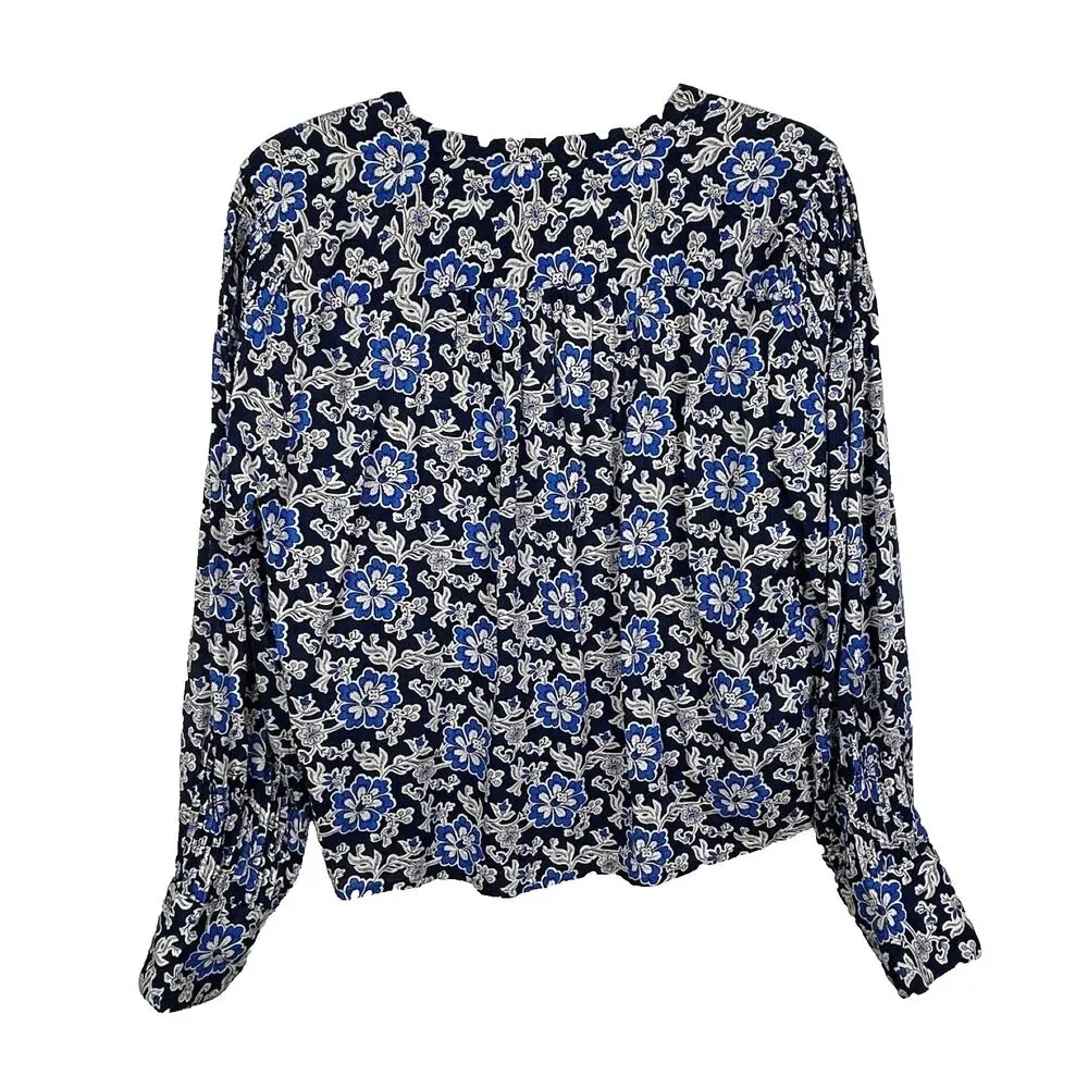 J.Crew V Neck Tie Top Floral Cotton Blend Dobby Blue Floral Long Puff Sleeve M